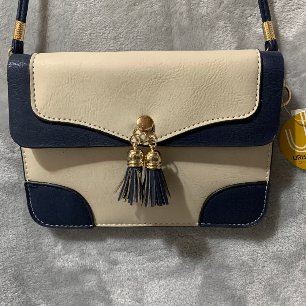 Urban‎ Energy Venue Crossbody Purse Cream Navy Blue Tassel Vegan Leather NWT